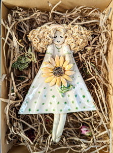 Green Spotted dress with sunflower Mollie Dolly Barbara Lea Pottery Green Spotted dress with sunflower Mollie Dolly Barbara Lea Pottery